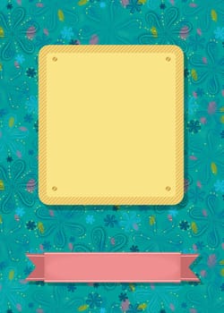 Floral greeting card. Colorful geometric flowers. Yellow and pink banners for custom text. Blue background