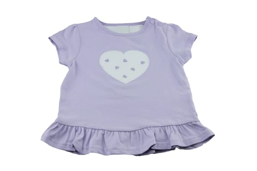 purple baby shirt or t-shirt with one big and some other hearts in it. concept baby fashion. isolated.