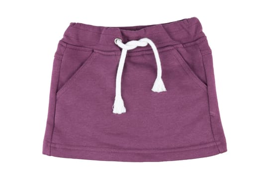 Baby purple skirt clothes with white linen twine. Concept baby fashion. Isolated on white.