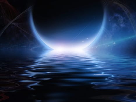 Exosolar Planet Rise over quiet waters