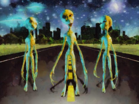Fantastic painting. Three aliens stands on the road. City at the horizon