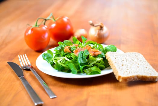 fresh field salad with carrot, tomato onion and bread