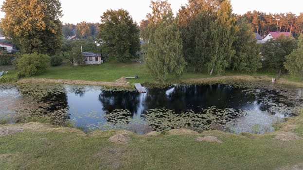 Aerial view of countryside Gauja lake field drone top view