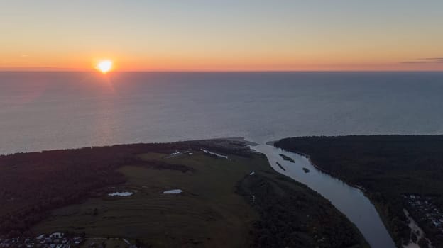 Aerial view of countryside Gauja lake field drone top view