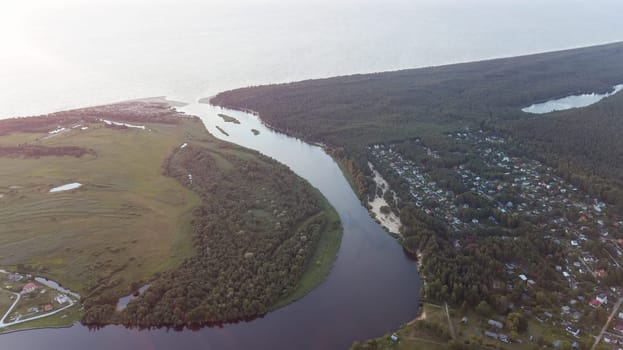 Aerial view of countryside Gauja lake field drone top view
