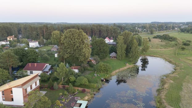 Aerial view of countryside Gauja lake field drone top view
