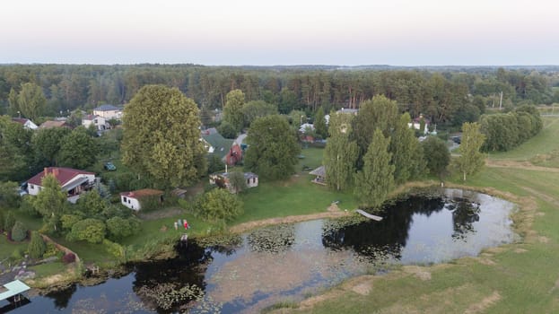 Aerial view of countryside Gauja lake field drone top view