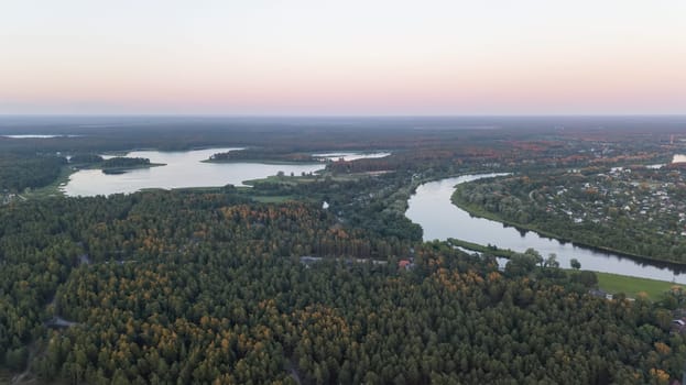 Aerial view of countryside Gauja lake field drone top view