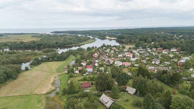 Aerial view of countryside Gauja lake field drone top view