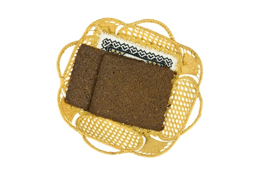 Whole grain bread in basket. Health concept. top view. isolated on white.