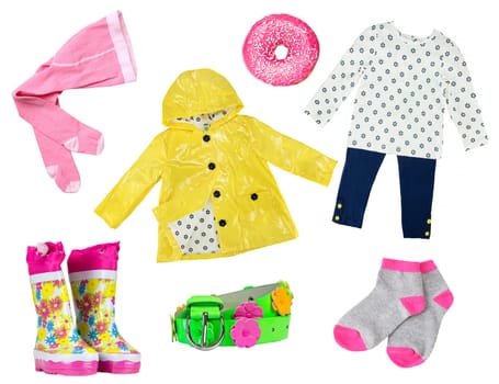 Little girl colorful fashion as clothes collage for Spring isolated on white. fashion set clothing for summer and spring.