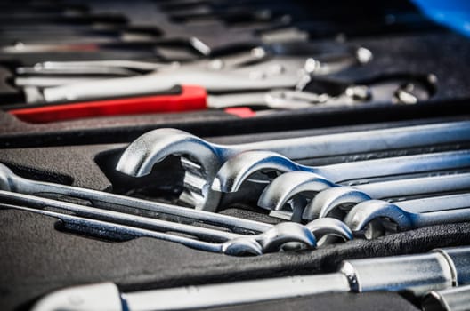 Toolbox in the workshop, close-up