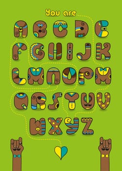 Artistic alphabet with encrypted romantic message We make a good team. Cartoon orange letters with bright decor. Funny hands looking at each other. Inscriptions - Decipher the message and Start here.  Illustration