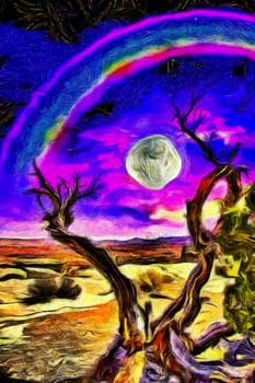 Surreal painting. Old tree stands on a rocky ground. Full moon and rainbow in purple-blue clouds