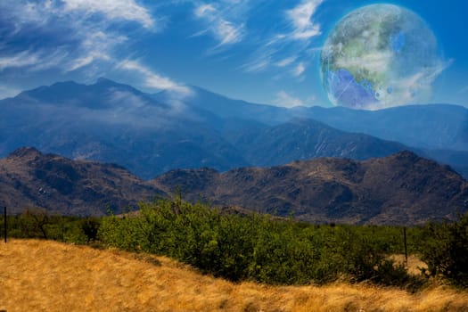 Mountain Vista. Terraformed moon seen from the Earth. 3D rendering