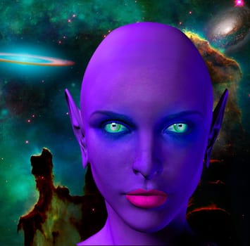 The face of female alien. Colorful universe on a background