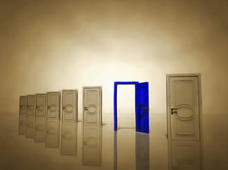 Surrealism. Seven white doors and one blue door symbolizes choice