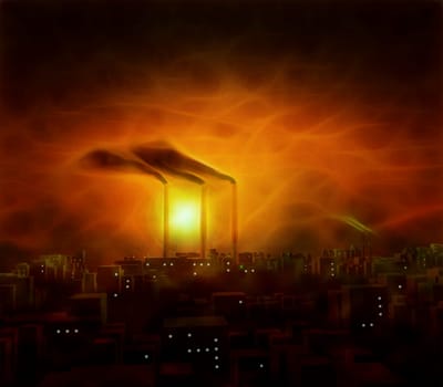 Night city, sunset. Factory at the horizon
