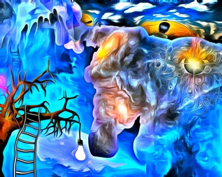 Surreal painting. Old tree with light bulb and ladder on a branch. God's eye in the sky