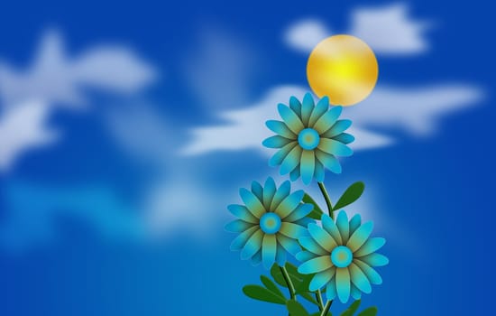 Cartoonish illustration. Daisies and Sun in cloudy sky