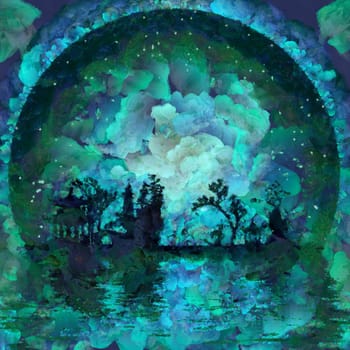 Oil painting. Asian silhouettes on waterfront. Giant moon at the horizon
