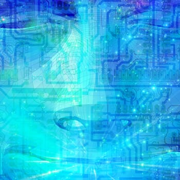 Spiritual face on electric circuit background