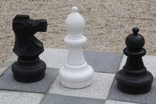 Black and white king on a chess board in open air
