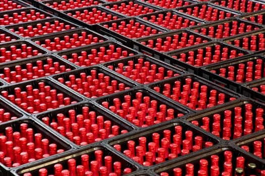 A group of red bottles in beer crates