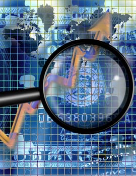 Business Composition. Magnify glass, business charts and dollar banknote