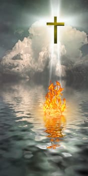 Emergence. Cross Hangs in Sky over Water with Fire Burning on Waters Surface
