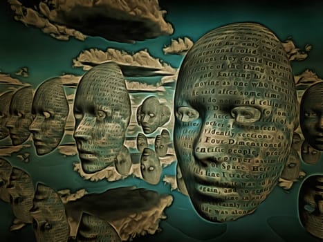Surreal painting. Masks hovers in the sky. Words.