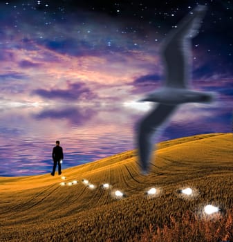 Surreal Landscape. Man in suit. Lightbulbs symbolizes ideas