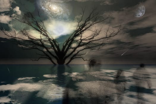 Ghostlike figures journey in landscape