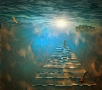 Surreal painting. Man on a sky road walks to bright light. Violin, Stonehenge.