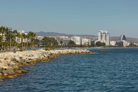 LIMASSOL, CYPRUS - OCTOBER 21, 2017: View of Limassol in Cyprus and its surrounding beach area during summer time.