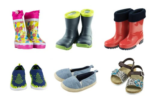 Set of rubber boots, sneakers, and sandals for kids isolated on white backround. Concept shoe fashion for childs.