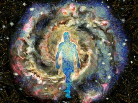 Soul. Abstract painting. Man's silhouette in vortex of light.