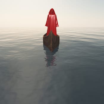 Monk. Figure in cloak floats in boat.