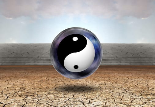 Surreal digital art. Yin-Yang inside space-bubble. Arid land.