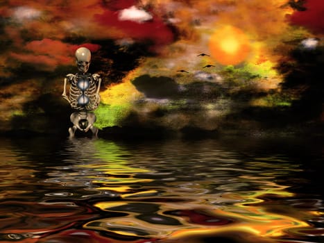 Death. Surreal painting. Vivid sunset over water. Skeleton.