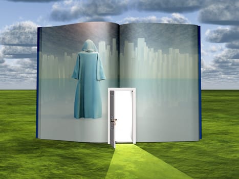 White city traveler. Book with science fiction scene and open doorway of light