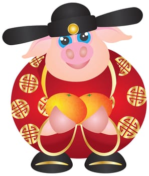 2019 Happy Chinese Lunar New Year of the Pig Prosperity Money God Holding Mandarin Oranges Illustration Isolated on White Background