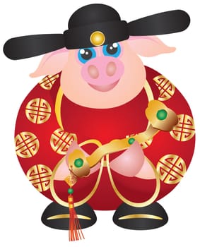 2019 Happy Chinese Lunar New Year of the Pig Prosperity Money God Holding Ruyi Scepter with Prosperity Text Illustration on White Background