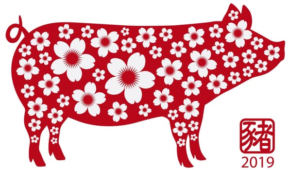 2019 Chinese New Year of the Pig Red Silhouette Isolated on White Background with Chinese Text Symbol of Pig and Floral Pattern Illustration