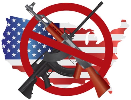 Assault Rifles AR 15 and AK 47 Semi Automatic Weapons ban symbol on USA Map Flag Second Amendments Consitution Illustration