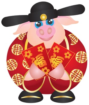 2019 Happy Chinese Lunar New Year of the Pig Prosperity Money God Holding Red Money Packet with Prosperity Text Illustration on White Background