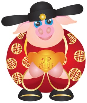2019 Happy Chinese Lunar New Year of the Pig Prosperity Money God Holding Gold Bar Illustration Isolated on White Background