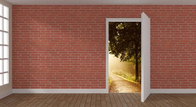 Room with a brick wall and open door, 3d rendering