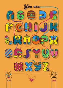 Artistic alphabet with encrypted romantic message We make a good team. Cartoon orange letters with bright decor. Funny hands looking at each other. Inscriptions - Decipher the message and Start here. Illustration