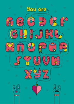 Artistic alphabet with encrypted romantic message We make a good team. Cartoon orange letters with bright decor. Funny hands looking at each other. Inscriptions - Decipher the message and Start here. Illustration